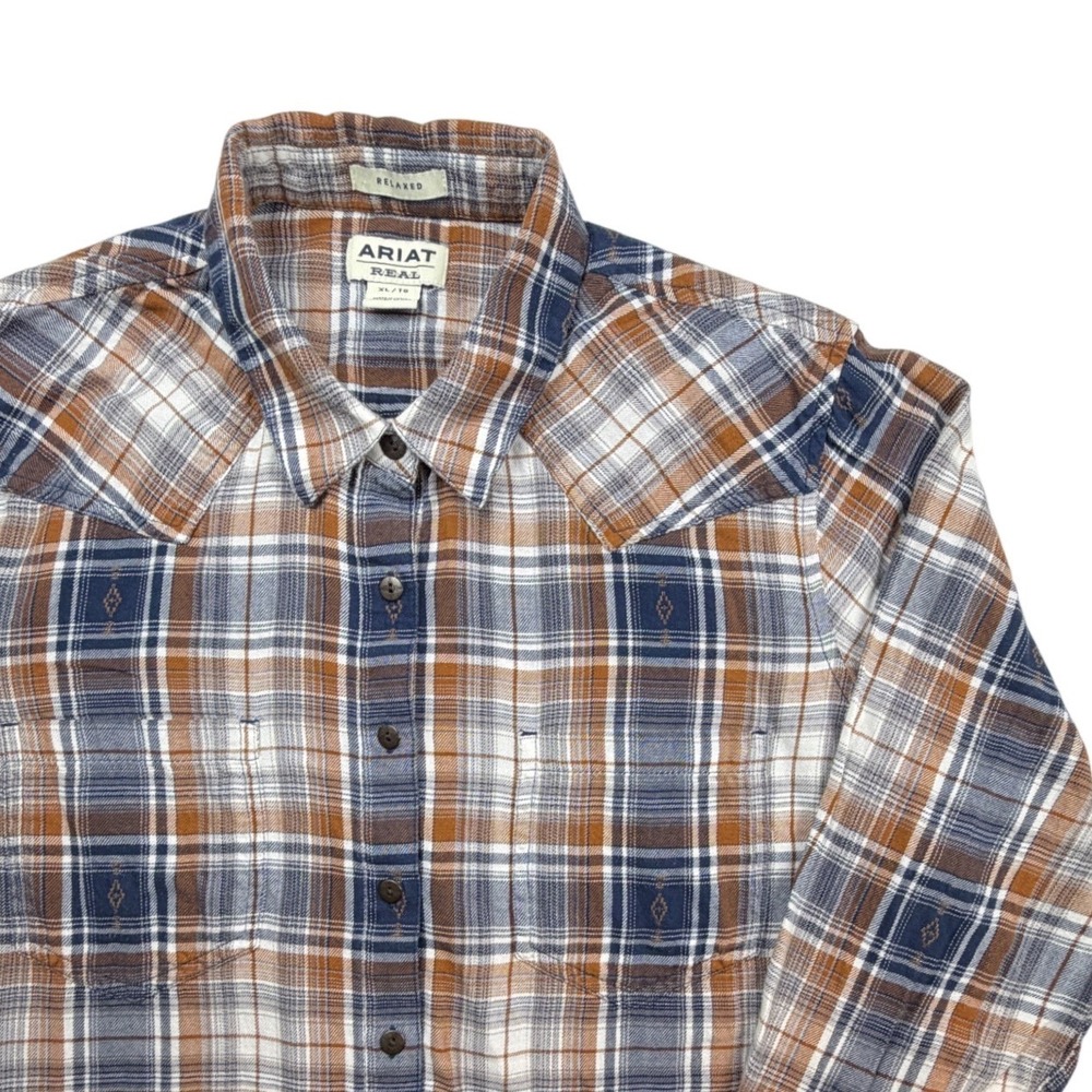 Ariat Real Mens XL Relaxed Fit Plaid Long Sleeve Button Down Shirt Blue Brown